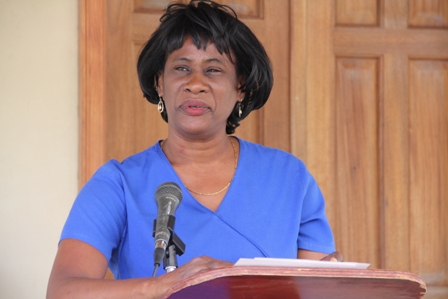 Dr. Patricia Bartlette, veterinarian attached to the Vet Services Department in the Ministry of Agriculture on Nevis, delivering remarks at the ground breaking ceremony for the Veterinary Clinic Expansion project at Prospect Estate on January 30, 2014
